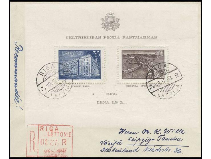  1938, Reconstruction fund souvenir sheet on registered cover from "RIGA 12.5.38" to Leipzig, fine, signed Hoffmann BPP