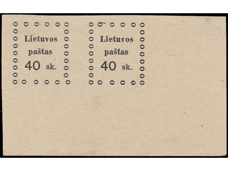 1919, Second Kaunas Issue: 40 sk. imperforated vertical pair from the lower right sheet corner, interesting printing offset i