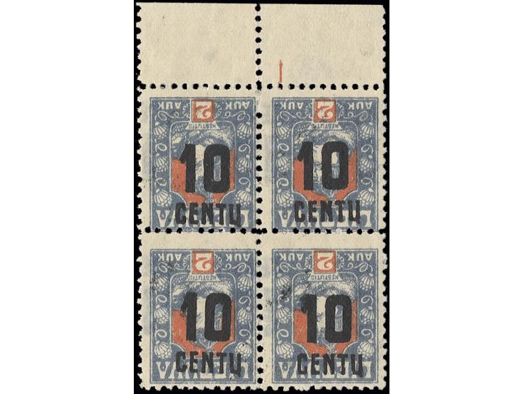  10 c. on 2 a., block of four with inverted overprint, unhinged mint, fine