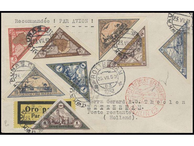1932, airmail 5 c.-2 l. imperforated cpl. on airmail cover from "KAUNAS 23.VII.32" via Berlin to Rotterdam with arrival mark,