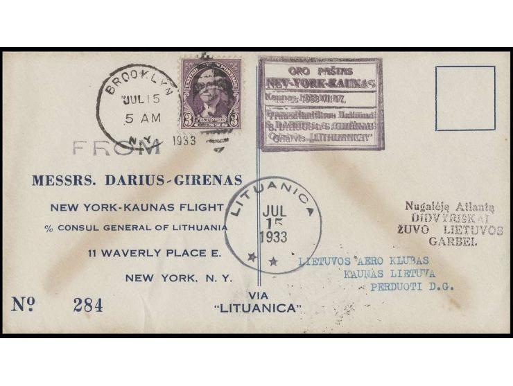 Attempted Ocean Flight, New York to Lithuania by Stefan Darius and Stanley Girenas, flight cover from New York to Kaunas, wit