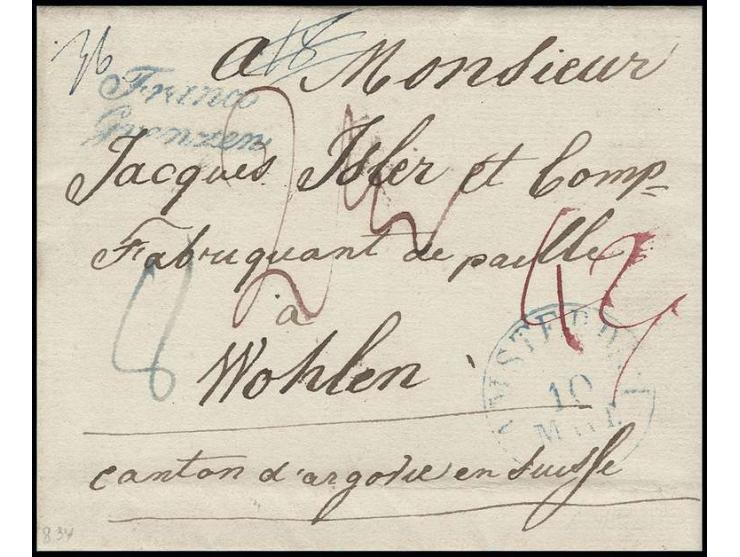 1832, entire letter with blue "AMSTERDAM 10 Mar." to Switzerland with adjacent blue "Franco Grenzen", several manuscript taxe