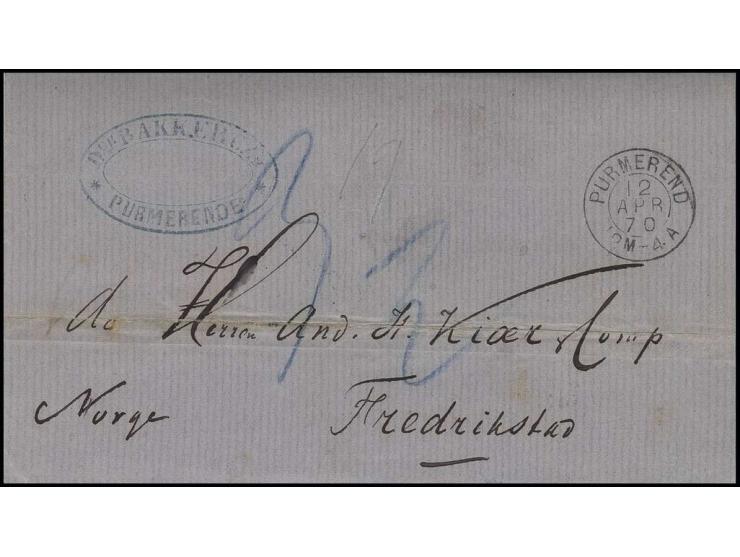 CANCELLATIONS: "PURMEREND 12. APR. 70" cds. on folded cover with tax "3 1/2" via Sandosund (red circle) to Fredriskstad, Norw