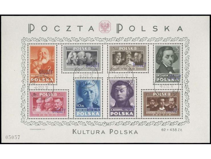 Culture souvenir sheet with handstamp "GROSZY" in type 3, cancelled, "GLIWICE 4.2.52", sign. Krawczyk with certificate