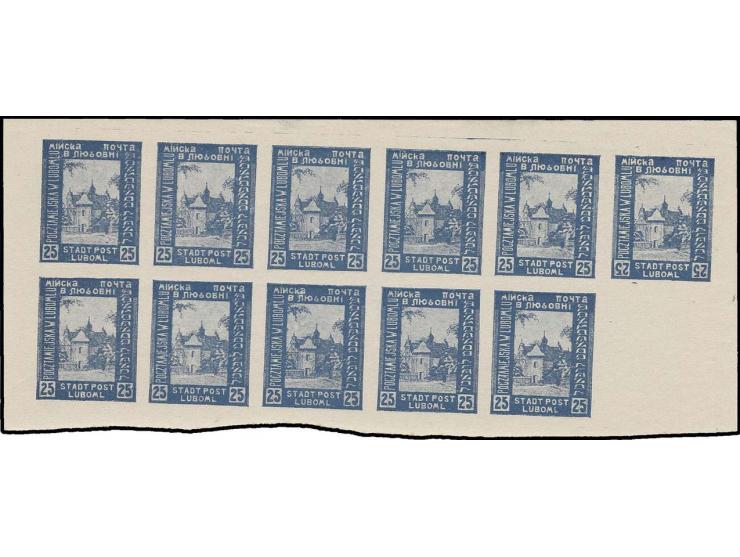 LOCAL ISSUES: LUBOML: 1918, unissued values 5-50 h. imperforated in blocks of 11 with empty space, one value each with denomi