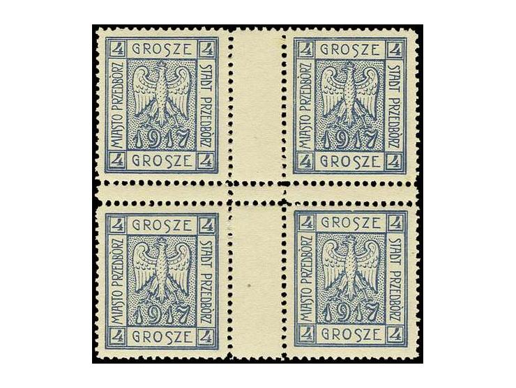 PRZEDBORZ: 1917, 4 gr. blue, block of 4 from sheet centre with vertical and horizontal gutter pairs, unhinged mint, very scar