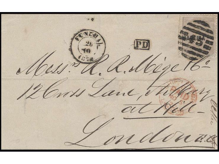 240 r. lilac, tied by barred "45" with adjacent cds. "FUNCHAL 25 10 1872" to folded letter to London, fine, a very attractive