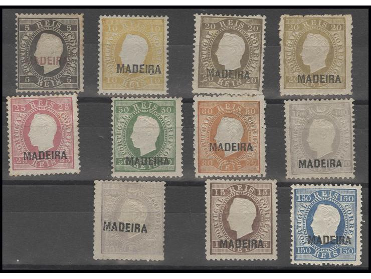 1871/74, Louis I. 5-100 r., 240 r. lilac and 15 r. brown and 150 r. blue, with different overprint types, unused, mostly fine