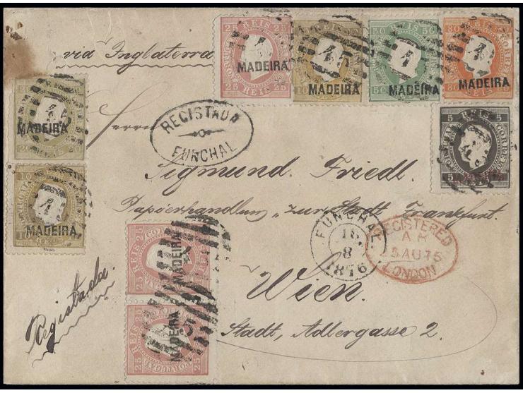 5 r. black with additional franking tied by barred "45" with adjacent cds. "FUNCHAL 18 8 1876" and oval "REGISTADA FUNCHAL" t