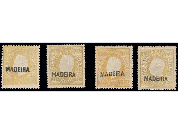 10 r. yellow, four singles with overprint type "A", "B"(2) and "C" in different shades, unused, mostly fine