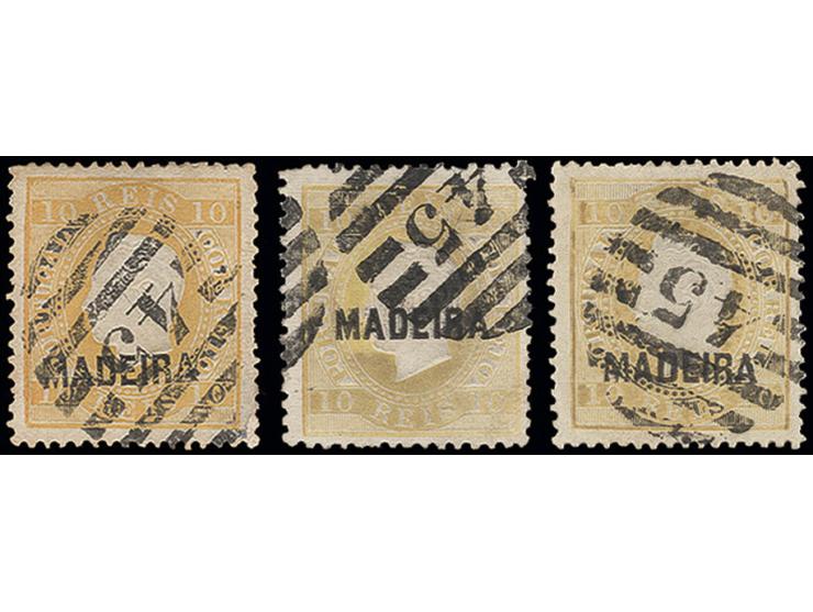 10 r. yellow, three used singles, overprint types "A", "B" and "C", one stamp lower right corner added, otherwise fine