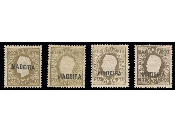 20 r. pale-brown, four singles, overprint types "A", "B" and "C", the latter in two different shades, unused, mostly fine
