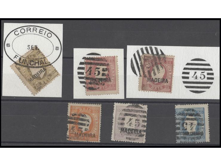 20 r. brown, two singles 25 r. rose and 80-100 r. and 1879 50 r. blue, mostly used with barred "45", fine