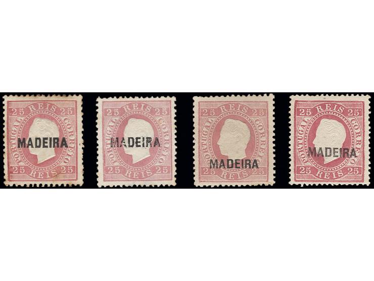 25 r. rose, four singles, overprint types "A" und "C", each perf. 12½, one stamp with inverted overprint type "C" and one sta