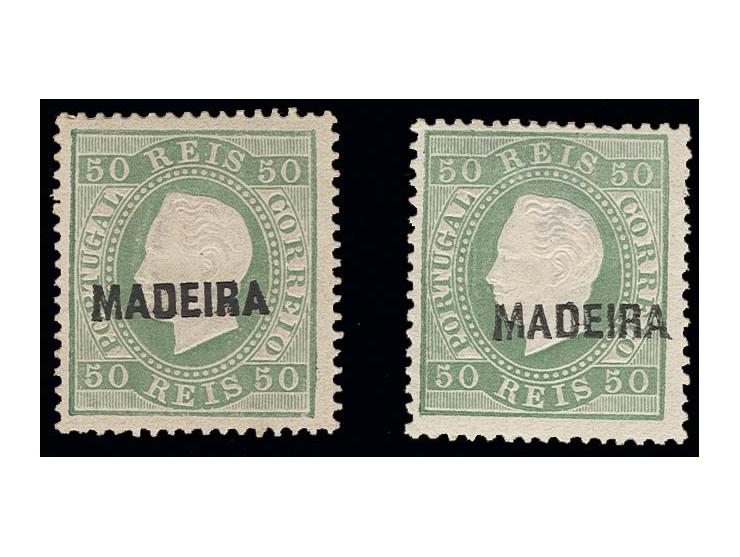 50 r. green, two singles, overprint types "A" and "C", perf. 12½, unused, fine
 