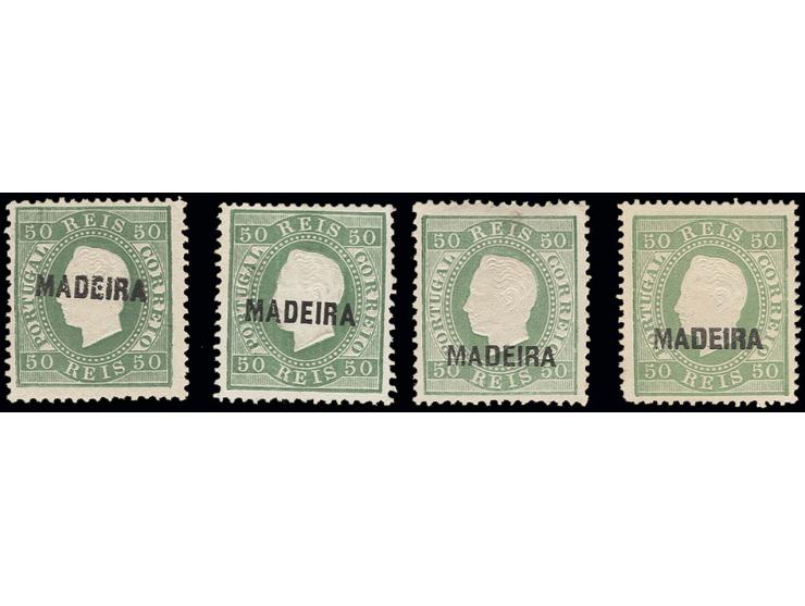 50 r. green, four singles, three with overprint types "A", "B" and "C" perf. 12½, one overprint type "C" perf. 13½, all in di