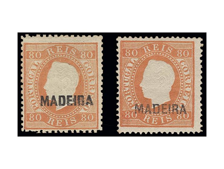 80 r. orange, two singles, overprint type "A", perf. 12½ and overprint type "C" perf. 13½, unused, fine
