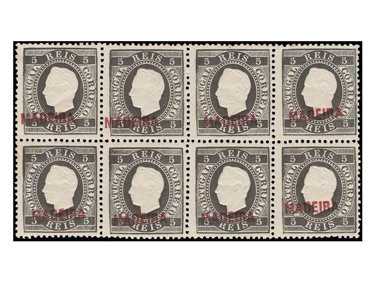 SOBREGANCA A: 1871, Luis I. 5 r. black, block of eight, fresh colour, five stamps unhinged mint, three hinged and some light 