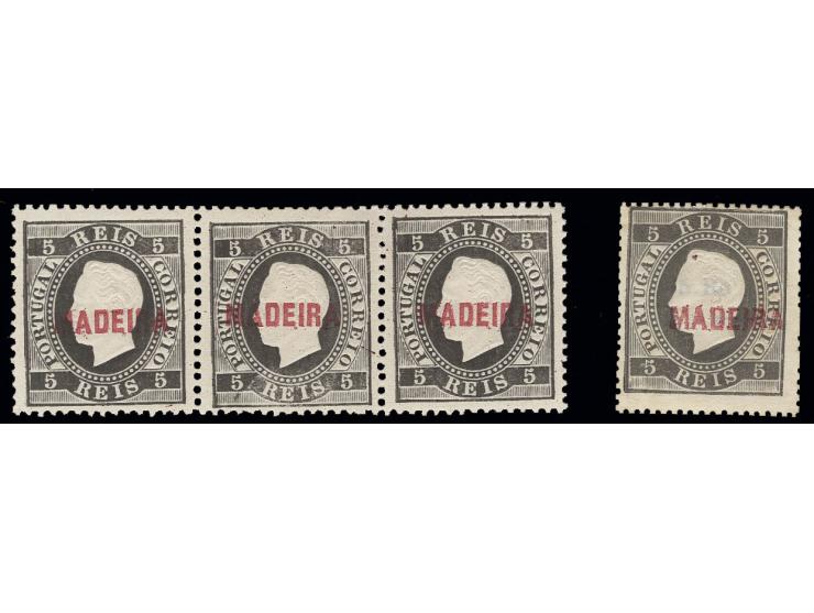 5 r. black, horizontal strip of three, perf. 12,5 and single stamp perf. 14, unused, fine 