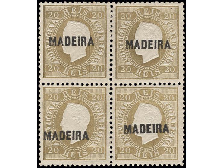  20 r. pale-brown in block of four on ribbed paper "Papel Costelado", fresh colour and good perforations, unused, very fine, 