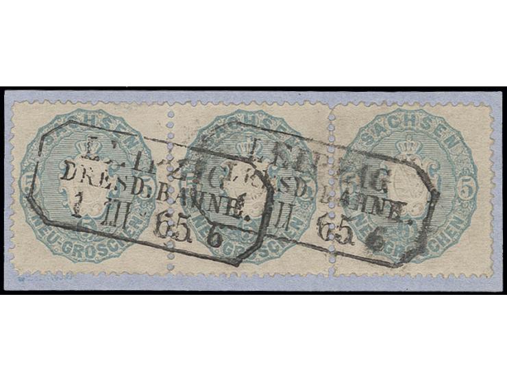 5 Neugroschen graublau im waagerechten 3er-Streifen, farbfrisch und gut gezähnt mit sauberem Ra3 "LEIPZIG DRESD:BAHNH. 1. III