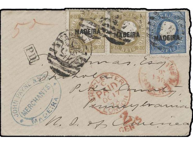 1872, Luis I, 20 r. pale-brown as horizontal pair with 120 r. blue, tied by barred "45" to cover to Pennsylvania with several