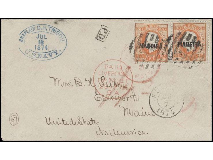 80 r. orange, horizontal pair tied by barred "45" to cover with adjacent cds. "FUNCHAL 20 7 1874" via Liverpool to Maine, lef