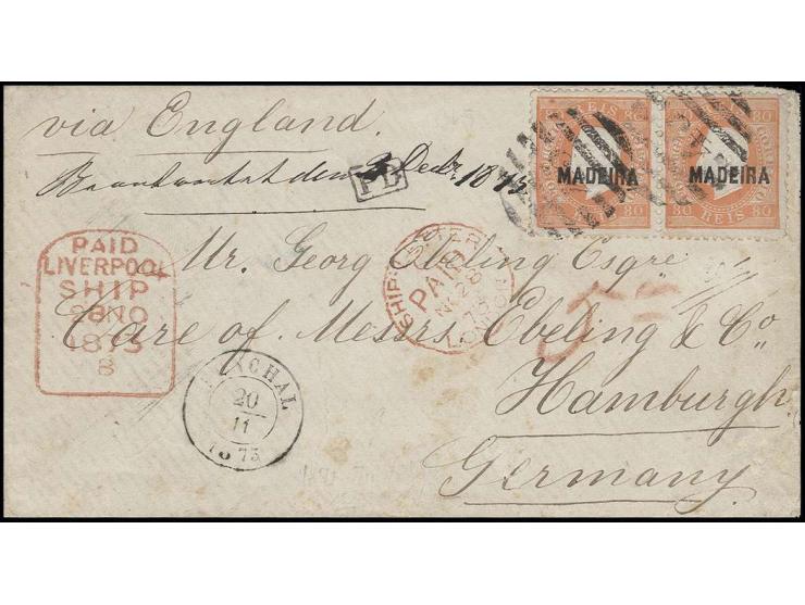 80 r. orange, horizontal pair tied by barred "45" to cover with adjacent cds. "FUNCHAL 20 11 1873" via England with red tomb