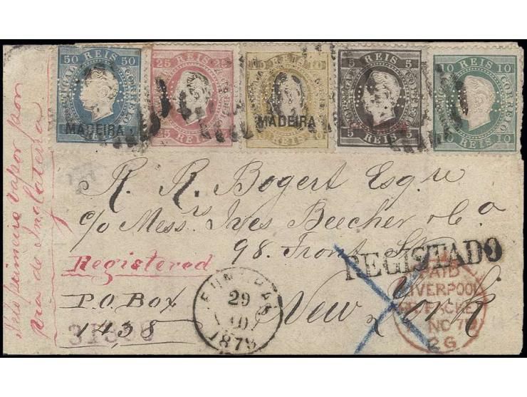 5 r. black, 10 r. yellow in mixed franking with 1879 50 r. blue and Portugal 1870 25 r. rose and 1879 10 r. green, tied by ba