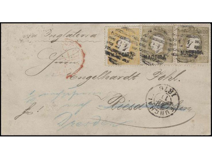 10 r. yellow and 20 r. brown as horizontal pair, tied by barred "45" to cover with adjacent cds. "FUNCHAL 18 11 1876" to Ries