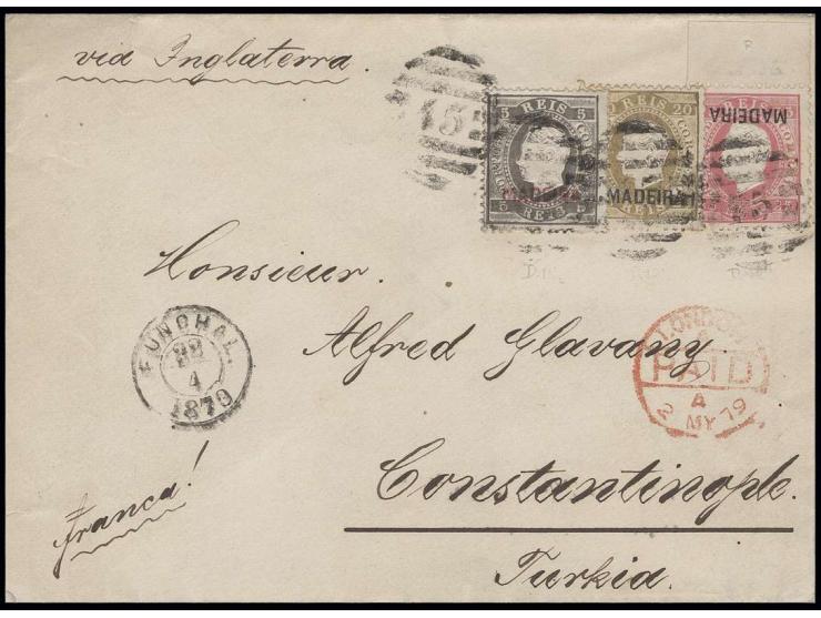  SOBREGANCA C: 25 r. rose with inverted overprint and upper sheet margin with additional franking tied by barred "45" to cove