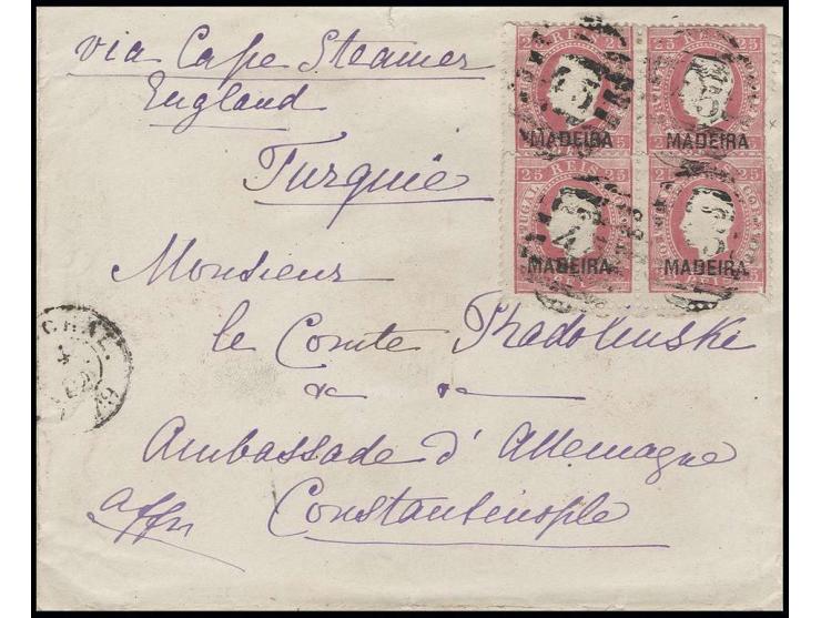  25 r. rose, two horizontal pairs tied by barred "45" to cover to Constantinople with transit and arrival marks, flap missing