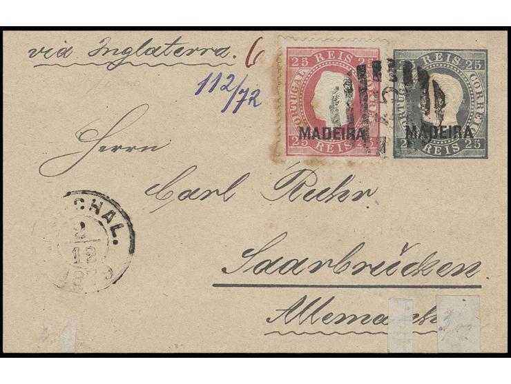  25 r. rose tied by barred "45" as additional franking to postal stationary 25 r. green to Saarbrücken, slight staining, othe