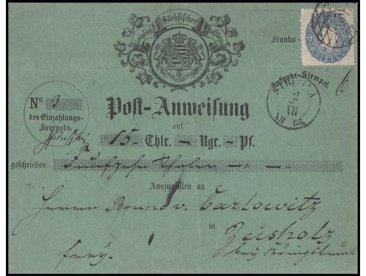 'Post-Anweisung', grünes Formular frankiert mit Wappen 2 Neugroschen blau mit Nr. "105" und nebengesetztem Aufgabestempel "ST