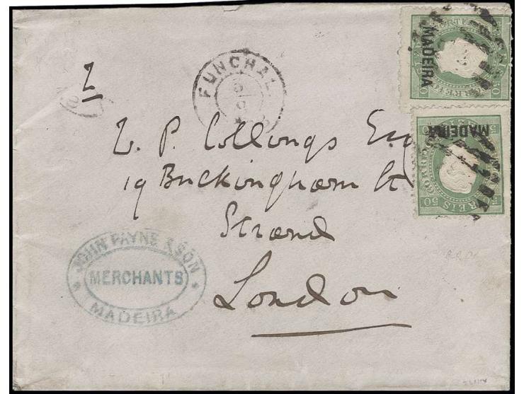 50 r. green, two singles tied by barred "45" to cover with adjacent cds. "FUNCHAL 3 9 1878" to cover to London with arrival m