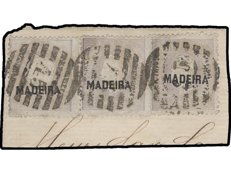 240 r. lilac, three singles tied by barred "45" to small piece, small imperfection, otherwise a fine and very scarce item