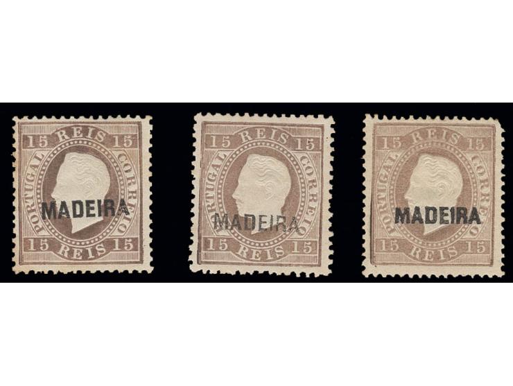  1875, 15 r. brown, three singles, one overprint type "B", two overprint type "C" perf. 12 ½ and 13½, unused, fine 