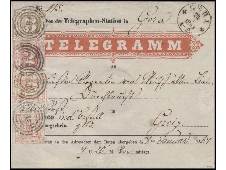 Sächsischer Telegramm-Umschlag frankiert mit Thurn und Taxis 1859/61, ¼ Silbergroschen rötlichorange (2) und 2 Silbergroschen