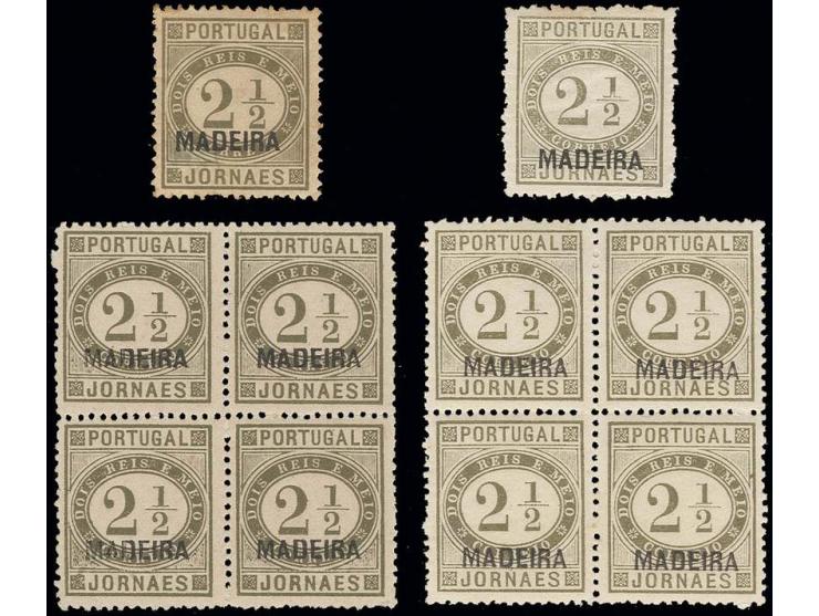 1876, Newspaper stamp, 2½ r. olive-green, two blocks of four in different shades, unused, very fine