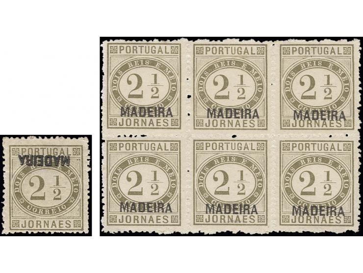  2½ r. olive-green, single stamp with inverted overprint and a block of six, single stamp unused, block of six 5 stamps unhin