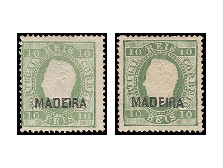  1879/80, Luis I. 10 r. yellow-green, two unused stamps, one without gum, fine