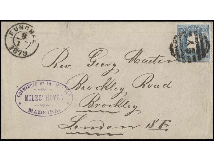 50 r. blue, tied by barred "45" to cover to London with adjacent cds. "FUNCHAL 8 1 1879" and arrival mark, with oval "FORWARD