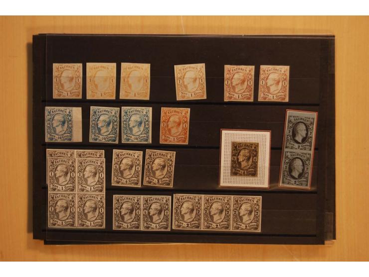 SAMMLUNG PROBEDRUCKE ETC.: 1851/63 (ca.), Partie Probedrucke, Marken bzw. Einheiten aus Revisionsbogen sowie von Abzügen der 