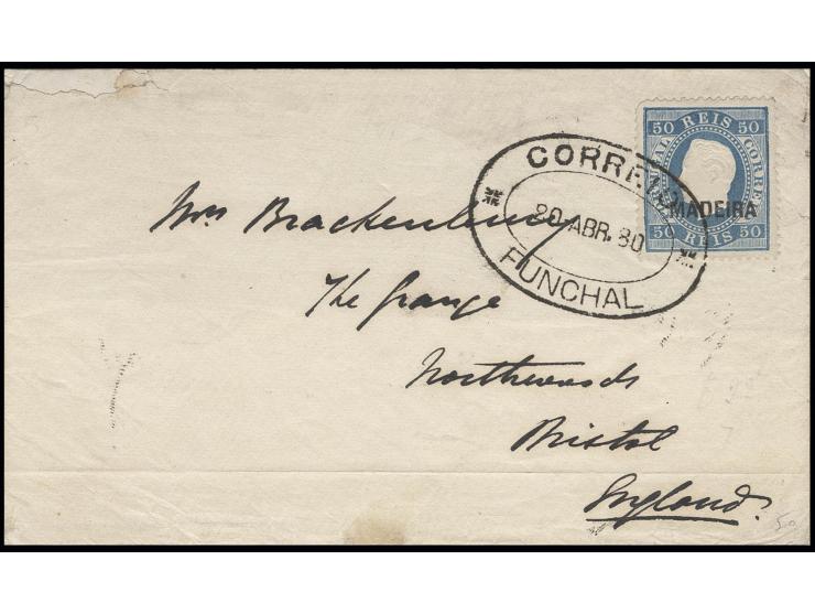  50 r. blue tied by oval "CORREIO FUNCHAL 20 ABR. 80" to cover to Bristol, few small imperfections, otherwise fine