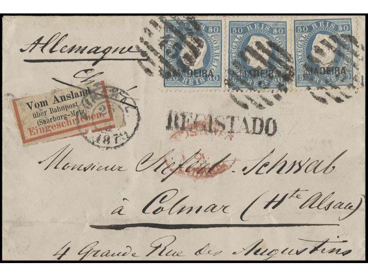  50 r. blue, horizontal pair and a single stamp tied by barred "45" to registered cover with label "Vom Ausland über..." to C