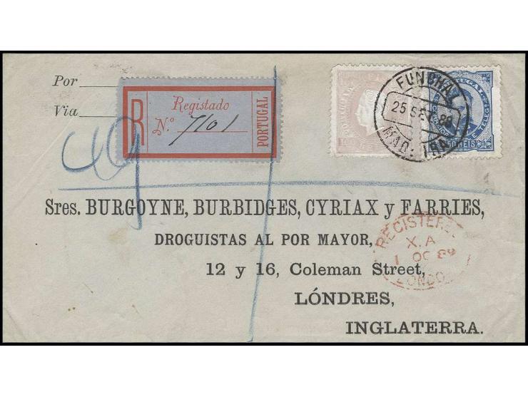 100 r. lilac and 1882 Luis I 50 r. blue tied by cds. "FUNCHAL 25 SET. 88" to registered cover to London, 100 r. small scissor