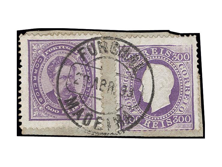 300 r. violett and 1887 Luis I 500 r. violet tied by cds. "FUNCHAL 23 ABR. 93" to small piece, few blunted perfs, otherwise f