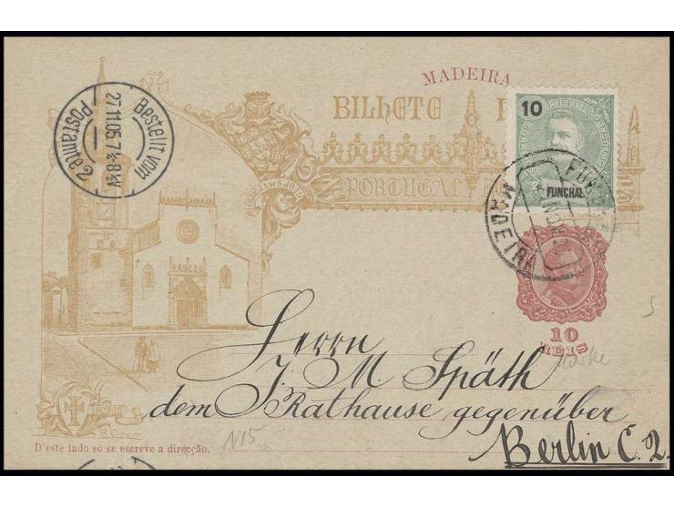  10 r. green tied by cds. "FUNCHAL 20 NOV 05" to 10 r. postal stationary to Berlin, fine, thereto a single 10 r. green, used
