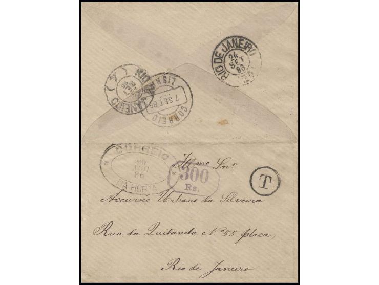 1886, unfranked cover with oval cancel "CORREIO DA HORTA 29 AGO 86" to Rio de Janeiro with different tax- and transit marks, 