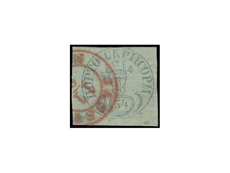 1858, Bull's Head 54 par. blue on green, slightly touched at top, otherwise good to wide margins, neatly cancelled by red cds